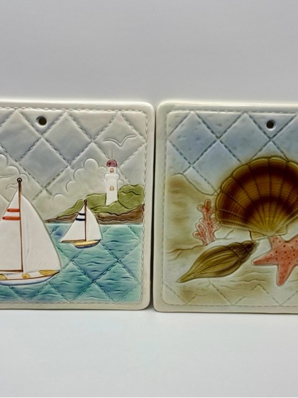 Coastal Ceramic Tile Wall Plaques - Sailboat & Shell Motifs